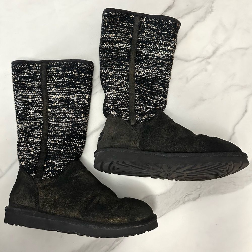UGG Australia Black And White Camaya Knit Sequin Embellished Suede Boots Size 8